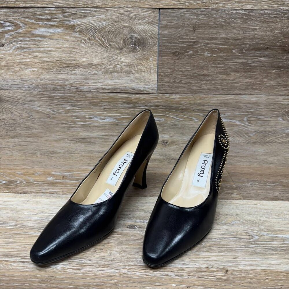 Proxy Black Leather Gold Stud Accent Heels Women's Size 10